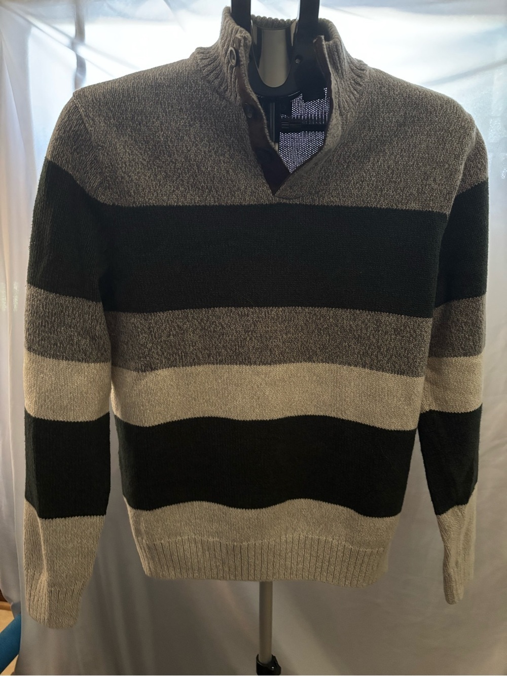 Chaps Men's Striped V-Neck Sweater in Gray, Black, Cream
